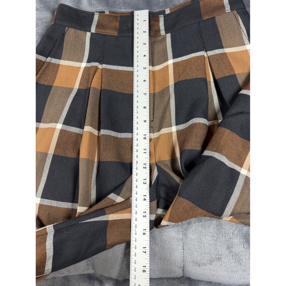 STAUD‎ Brown Black Plaid Wide Leg Wool Blend Pleated High Rise Trousers Pants - Picture 6 of 15